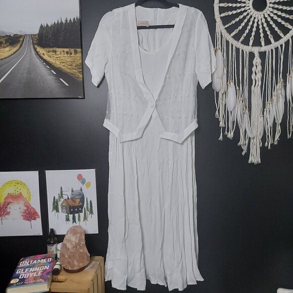 CRISP White Vintage Algo Short Sleeve Maxi Dress Sown in Mesh Embroidere… - Picture 4 of 11